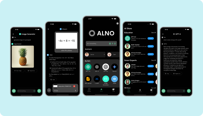 Group photo of few pages of alno ai app