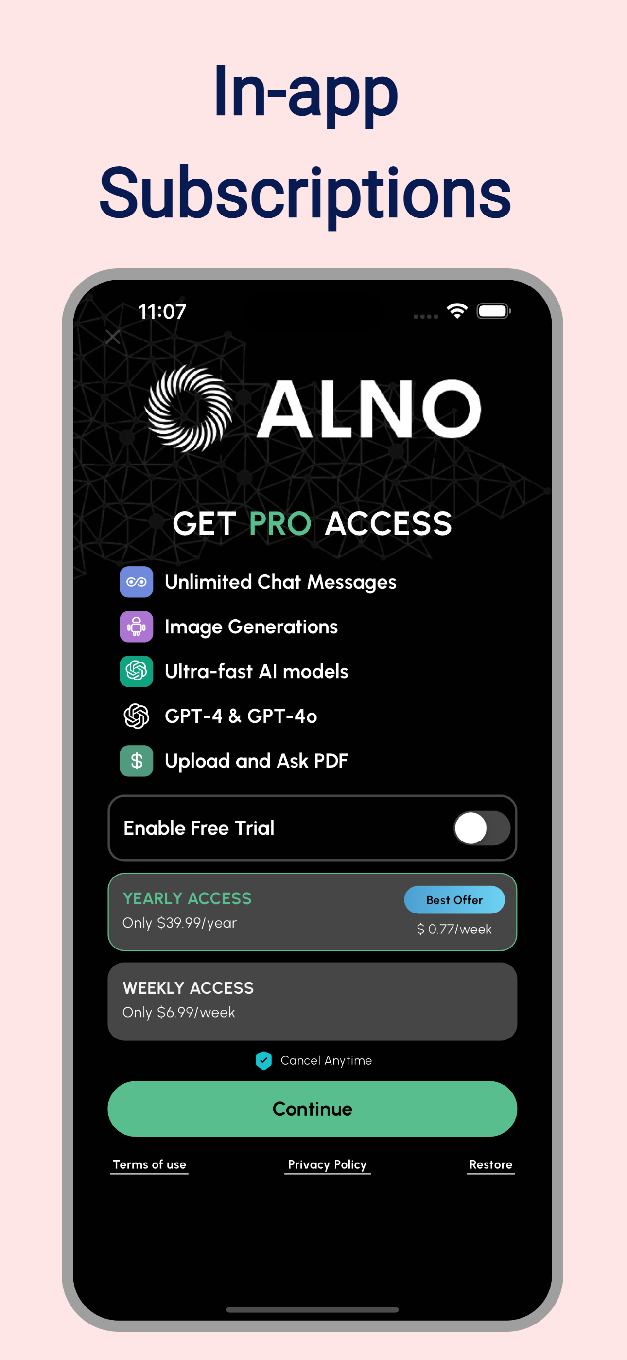 ALNO have IN app subscriptions with 3 packages. Yearly, weekly, weekly with 3 day trial