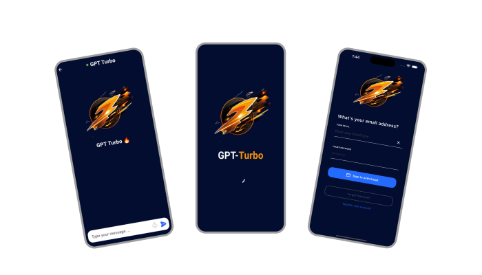 Mobile app interface showing GPT Turbo features like authentication, ai chatbot, and in app subscriptions
