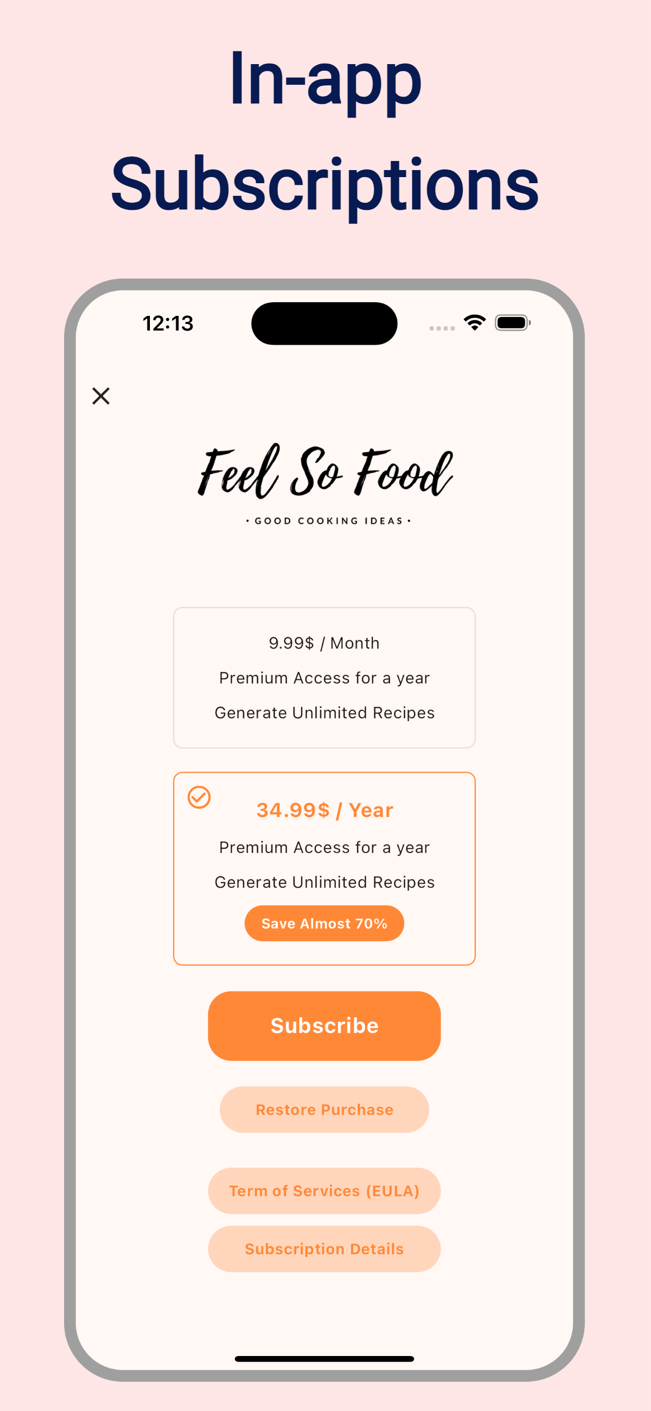 In app subscription for to generate great recipes