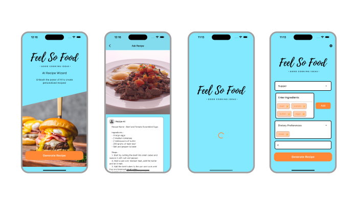 Mobile app interface showing recipe ai feature like generating recipes with ai, saving recipes and more